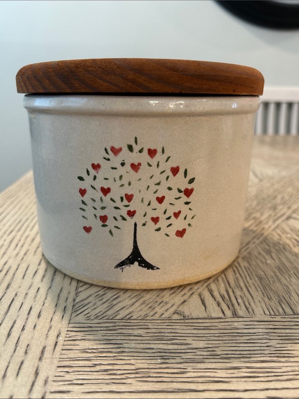 Vintage RRP Ceramic Heart Tree Canister with Wood Lid - Cream & Brown